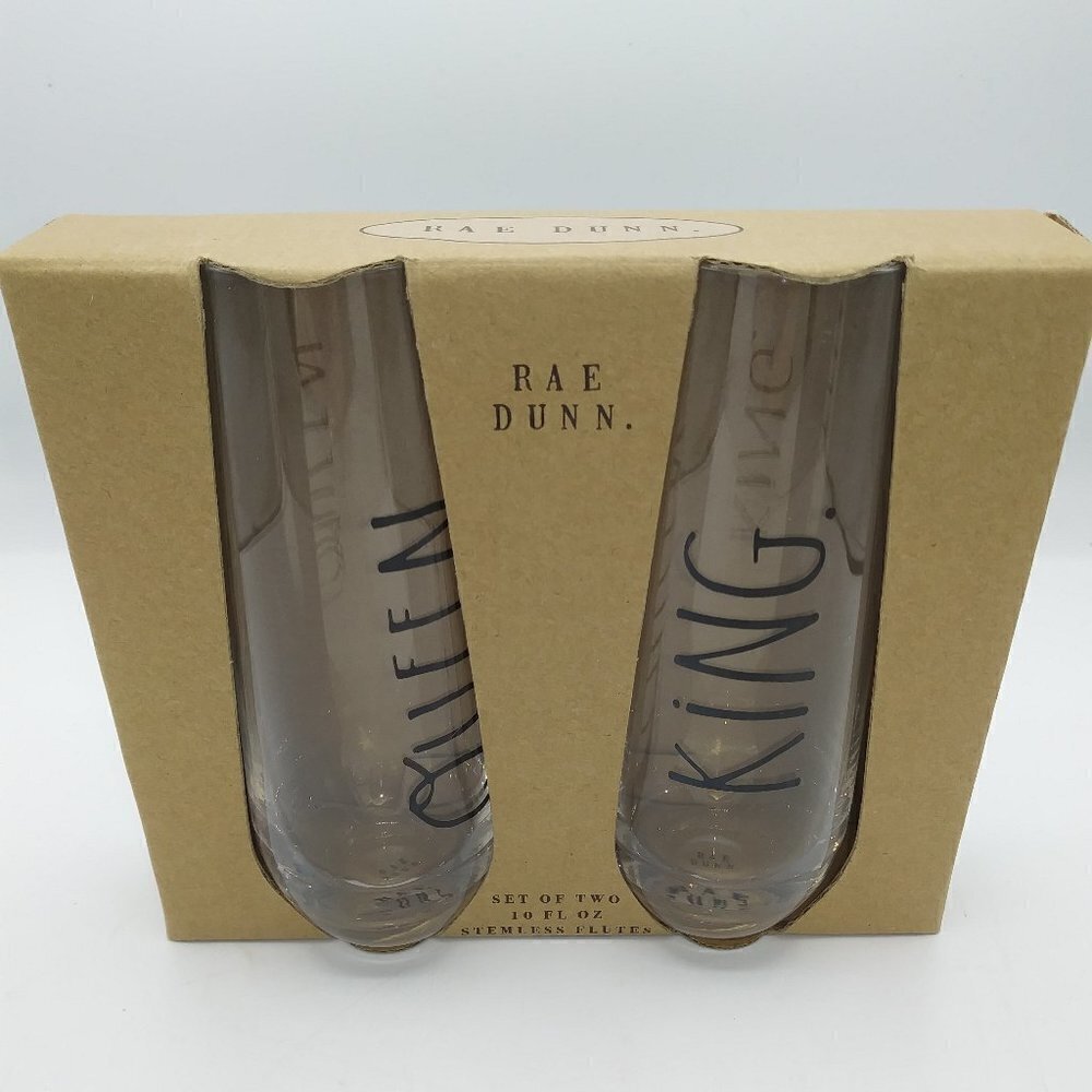 Rae Dunn Set of 2 10oz. Glass Stemless Flutes King & Queen NIB